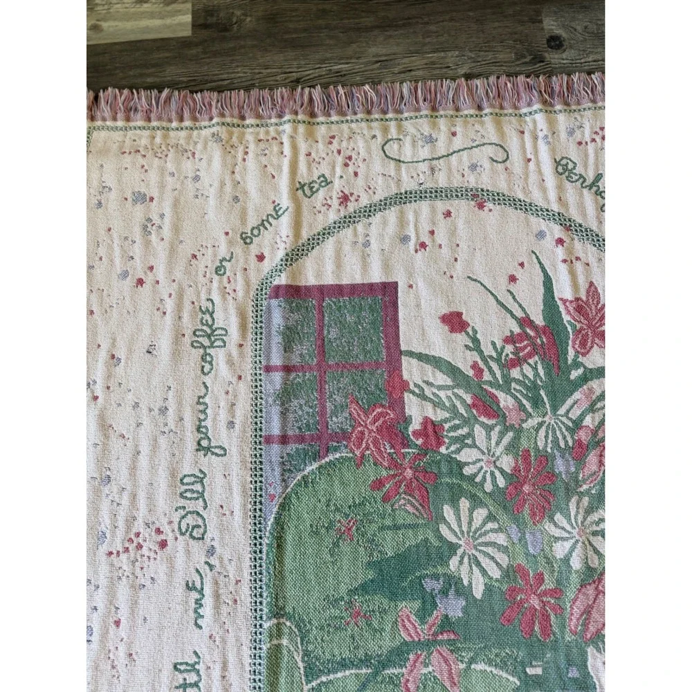 Vintage D Morgan Tea Time Woven Tapestry Throw Blanket Cottagecore‎ Fringe 69x46